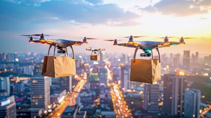 Multiple drones delivering groceries over a modern city skyline at sunset. - Powered by Adobe