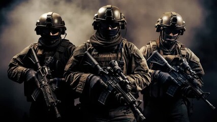 Special forces soldiers display tactical readiness in urban training environment at dusk