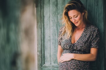 Fototapeta premium Young pregnant woman touching her belly and smiling near a rustic wooden wall in a natural light setting during the day, showcasing her joy and anticipation for motherhood