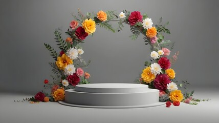 3D render of white round podium with colorful flowers on a gray background, elegant minimal display stand design for product presentation, exhibition, and branding