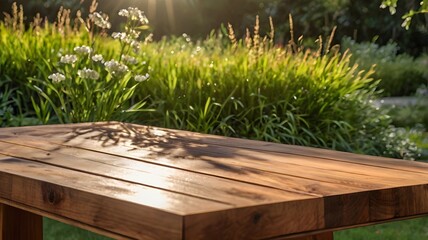Wooden table product display in a garden background with fresh grass, lush foliage, and bright sunlight, perfect for natural mockups, outdoor design, and rustic scenes