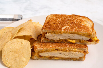 chicken melt  sandwich with potato chips