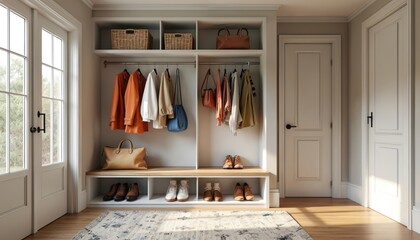 Organized entryway features compact closet with coat hooks, bench seating, and shoe storage shelves. Stylish furniture offers practical, clean-lined organization for everyday items in welcoming home.