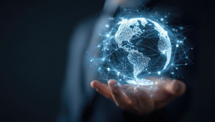 A hand holds a digital representation of Earth, interconnected by a network of lines