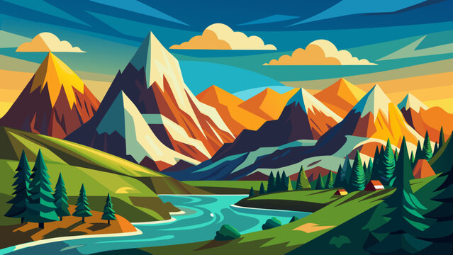 Vector art of vibrant mountain landscape featuring snowcapped peaks, winding river, and lush green hills in a stylized vector illustration