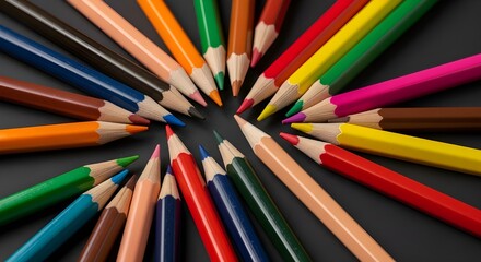 Fototapeta premium Vibrant colored pencils arranged in circle on dark background for art, education, or creative projects