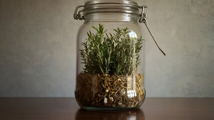 Fresh herbs in a jar, showcasing natural greenery, organic flavor, rustic kitchen decor, culinary inspiration, and healthy lifestyle elements in a simple aesthetic display