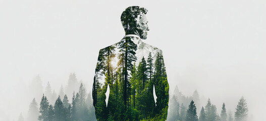 A businessman with a green city in double exposure. Generative Ai.