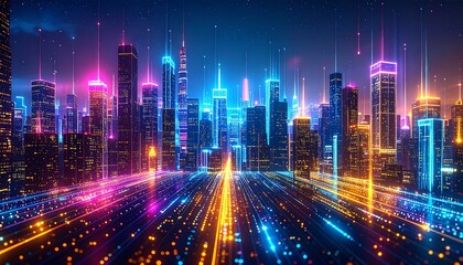 Fototapeta premium Futuristic Cityscape at Night with Neon Lights and High-Tech Glow