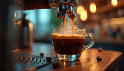 Pro espresso machine brews fresh coffee into glass cup on walnut wood. Rich crema forms atop dark, aromatic beverage. Warm ambient lighting creates cosy coffee shop atmosphere.
