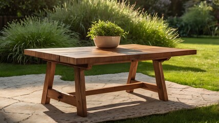 Wooden table product display in a garden background with fresh grass, lush foliage, and bright sunlight, perfect for natural mockups, outdoor design, and rustic scenes