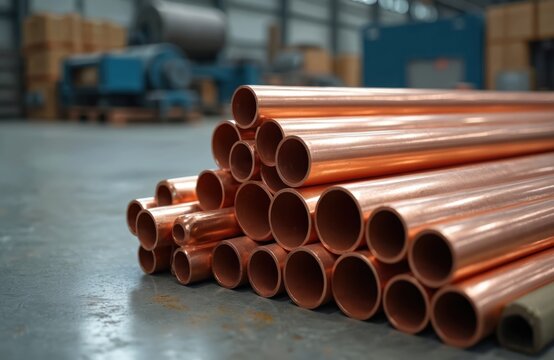 Stacked copper tubes and pipes on warehouse floor. Closeup view of shiny raw metal material for construction, engineering, and plumbing. Industrial setting with manufacturing equipment in background.