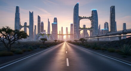 Fototapeta premium Vast futuristic cityscape with advanced transportation and unique architecture under a twilight sky