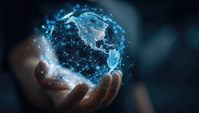 A hand holds a digital globe, intricately networked - Powered by Adobe