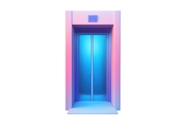 Cartoon-style elevator door design with light blue and pink hues in a modern environment