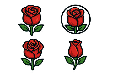 Set of red rose flower icons. Vector cartoon illustration collection for logo, sticker or emblem. Symbol of love, romance, and beauty. Isolated design elements for valentines day.