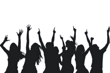 Group of energetic individuals dancing joyfully against a light backdrop while expressing freedom and celebration