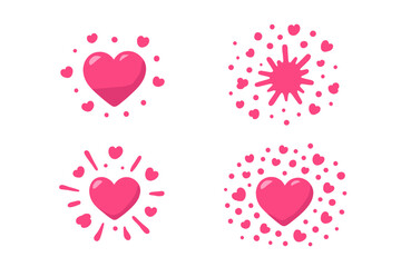 Set of 3D cartoon hearts. Love explosion and splash effect. Pink heart icons for social media likes. Vector illustration for Valentine's Day. Cute romance and passion symbols.