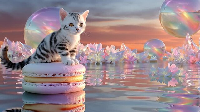 minimal flat design cat floating on a giant macaron like a boat, drifting across a pastel candy-colored ocean illustration, whimsical pastel cute design, kawaii surreal fantasy art
