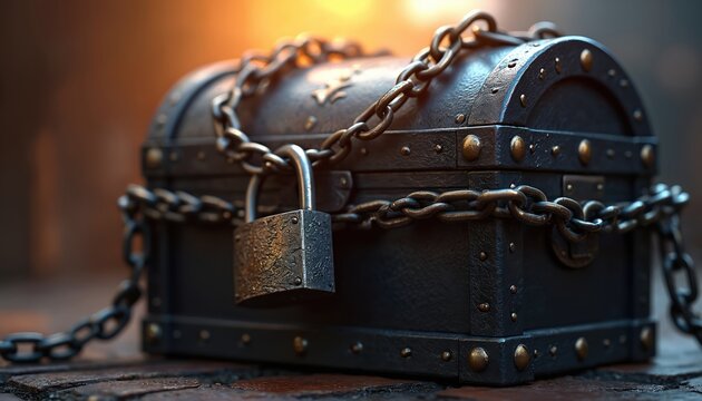 Sturdy treasure chest secured with thick metal chain and padlock. Dark, robust design symbolizing safety and protection for valuables. Ideal for concepts of security, privacy, and safeguarding assets.