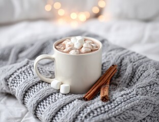 Cozy mug of hot chocolate on a bed