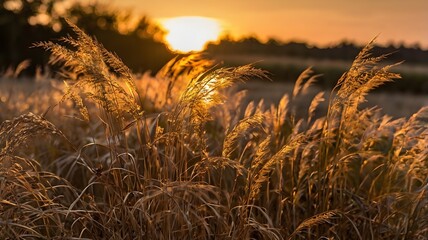Ornamental grasses at sunset glowing in golden light, creating a serene natural landscape of soft silhouettes, seasonal beauty, tranquil scenery, and outdoor elegance