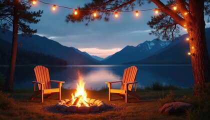 Serene lakeside campfire at dusk. Two Adirondack chairs face warm fire pit under twinkling string lights. Majestic mountains, calm water create peaceful, cozy atmosphere for outdoor relaxation,