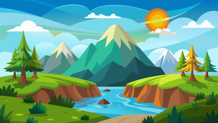 Fototapeta premium Vector art of vibrant mountain landscape with a winding river, lush green hills, and towering peaks under a bright sun, creating a serene and inviting nature scene
