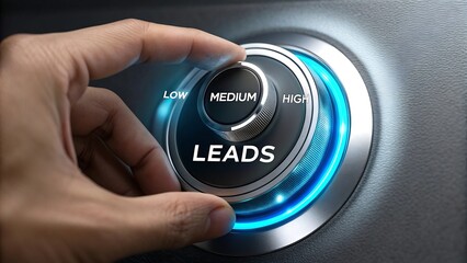Hand adjusting lead generation dial from low to high with glowing blue interface

