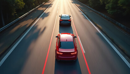 Two cars maintain safe distance on quiet road during daylight. Red, dark cars drive in parallel lanes. Focus on rear lights, shadows on asphalt. Daytime travel, automotive safety, traffic flow