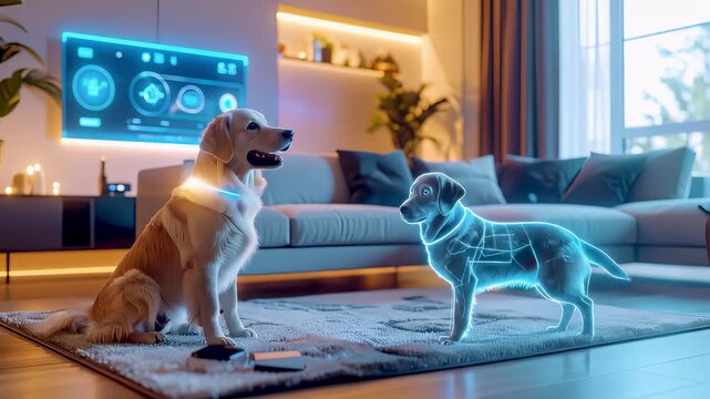Smart home scene with a golden retriever wearing a glowing collar interacting with a holographic AI virtual pet, showcasing futuristic home assistant and digital companion technology.