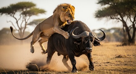 Lions fierce attack on a buffalo in the African savanna.