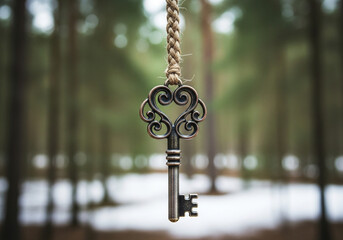 Ornate key hanging from a braided rope with a blurred forest background in soft focus outdoors