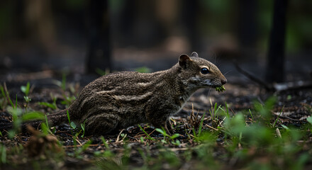 Close-up shot of a cute squirrel with striped fur foraging for food amidst grass and foliage in a natural outdoor setting