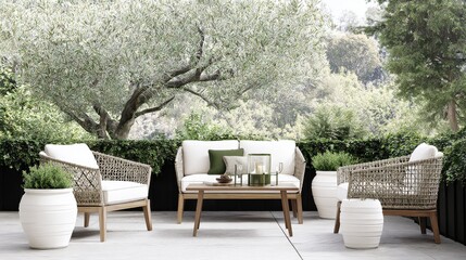 A serene outdoor patio with minimalist furniture, evoking tranquility amidst lush greenery.