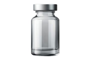 Glass medical bottle containing transparent liquid isolated in a neutral background with high detail suitable for various design and medical applications