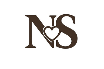 Elegant serif letter N and S monogram with love heart symbol intertwined, romantic vintage logo design, vector illustration with transparent background, classic typography emblem