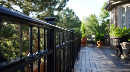 A beautiful wooden deck adorned with potted plants and a sleek railing, surrounded by lush greenery.
