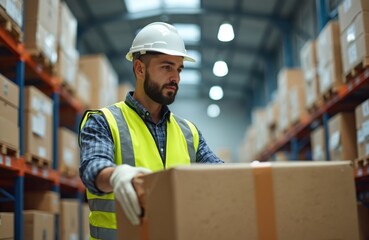 Warehouse worker wearing safety helmet, vest carefully handles cardboard box. Man in workwear, gloves, moves cargo in logistic storage facility. Focus on efficiency, organized supply chain, delivery