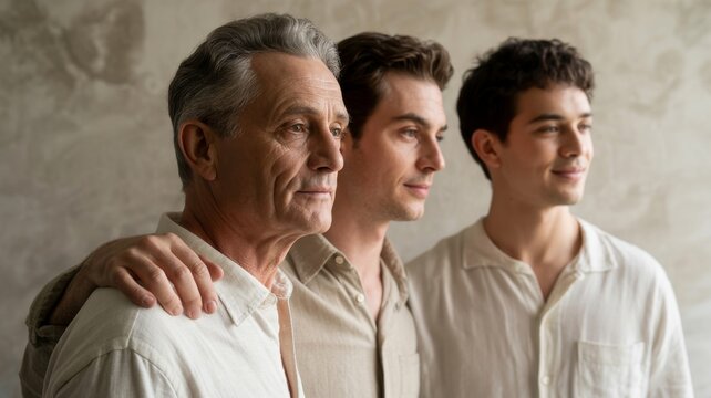 Portrait of three generations of eastern men in a modern minimalist style. Father, son and grandson in linen shirts stand hugging against a beige stone wall.