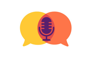 Overlapping color speech bubbles with vintage microphone podcast logo design, vector cartoon illustration, communication concept, talk show, broadcasting symbol, transparent background