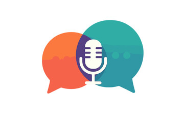 Overlapping colorful speech bubbles with microphone podcast logo, vector cartoon illustration, transparent background, communication concept, dialogue and voice chat design
