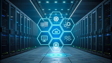 Futuristic data center with glowing digital holograms of cloud computing and technology icons
