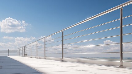 Fototapeta premium A bright blue sky above a modern railing on a spacious deck, evoking tranquility and openness.