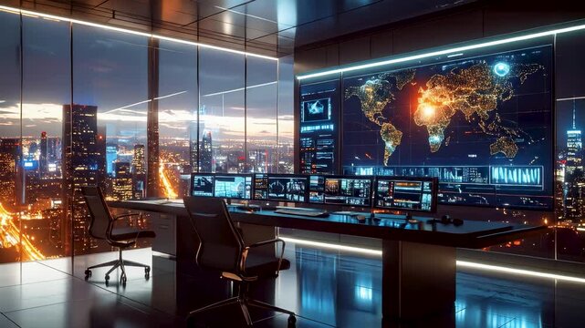 Futuristic command center with digital world map and data dashboards, representing machine learning crime predictor, global security monitoring, and predictive analytics technology.