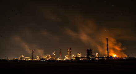 Vast Industrial Complex at Night, Illuminated by Flares and Lights, Under a Starry Sky