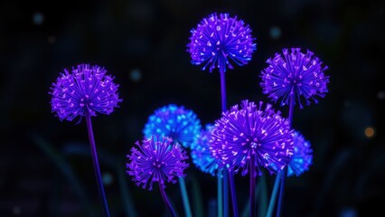 Fototapeta premium Stunning purple flowers blooming in vibrant neon light, a modern floral design element for any project