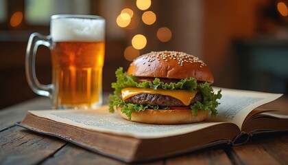 Burger and frothy beer mug rest on open book. Juicy cheeseburger with melted cheese, fresh lettuce, tomato. Golden lager in glass mug. Cozy pub ambience, warm lights, wooden table.
