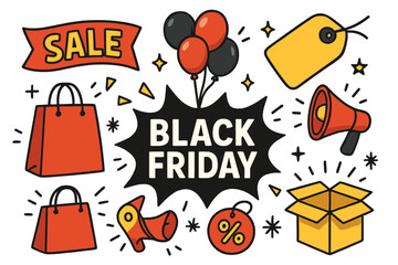 Black Friday sale vector icon set. Doodle cartoon graphic elements for promotion and advertising. Shopping bag, discount tag, megaphone, gift box, percent sign and balloons.