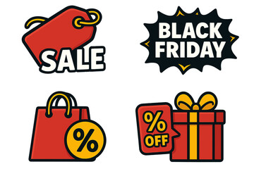 Black Friday sale vector icon set. Cartoon illustration for promotion and advertising. Shopping bag, gift box, price tag and discount percent symbol for social media.